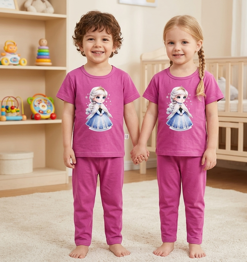 Kids Pink Princess Graphic 2 Piece Suit – Soft Breathable Jersey T-Shirt & Pajama Set