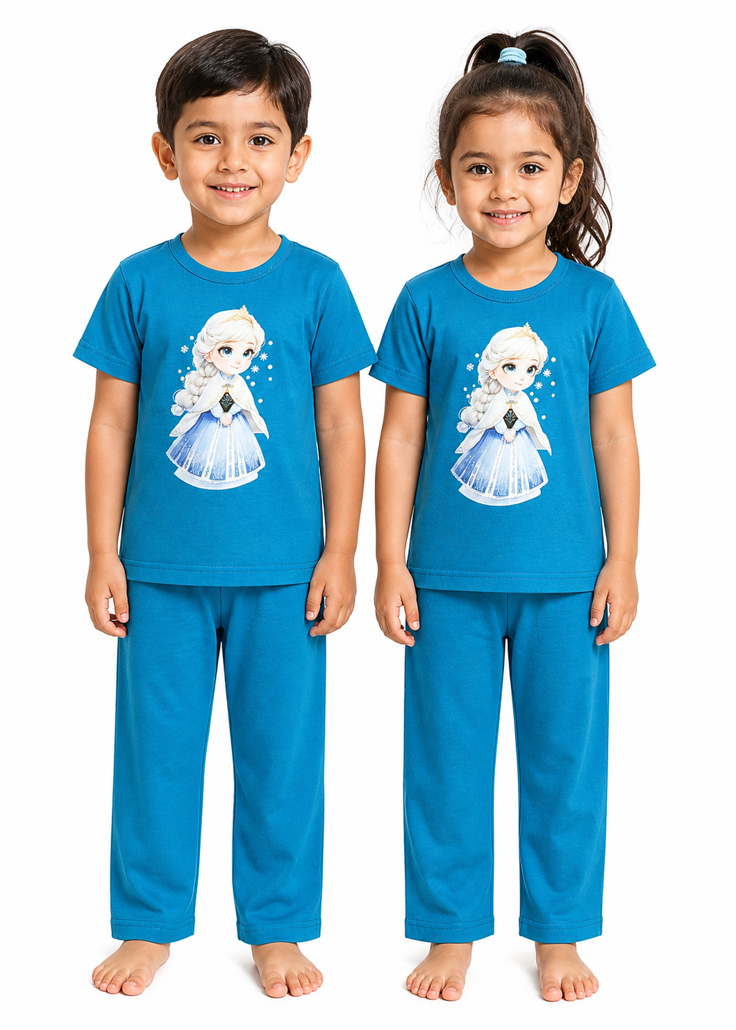 Kids Disney Frozen Elsa 2-Piece Loungewear Co-Ord Set - Premium Blue Unisex T-Shirt and Pajamas