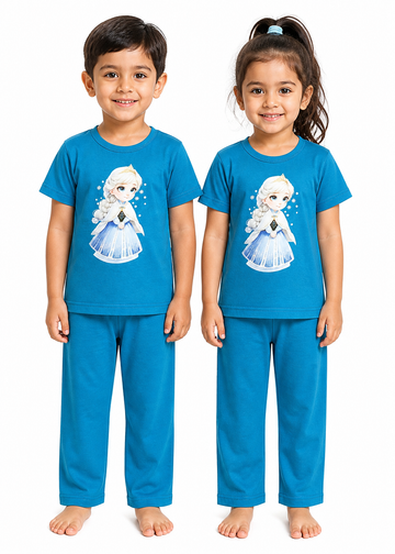 Kids Disney Frozen Elsa 2-Piece Loungewear Co-Ord Set - Premium Blue Unisex T-Shirt and Pajamas