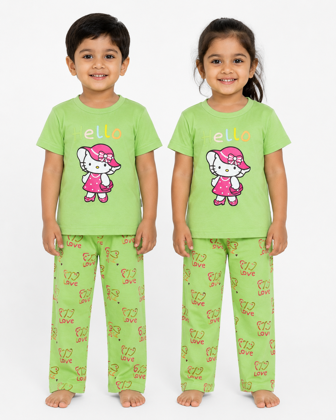 Kids Hello Kitty 2-Piece Loungewear Co-Ord Set - Lime Green Unisex T-Shirt and Pajamas