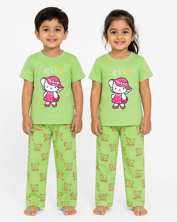 Kids Hello Kitty 2-Piece Loungewear Co-Ord Set - Lime Green Unisex T-Shirt and Pajamas