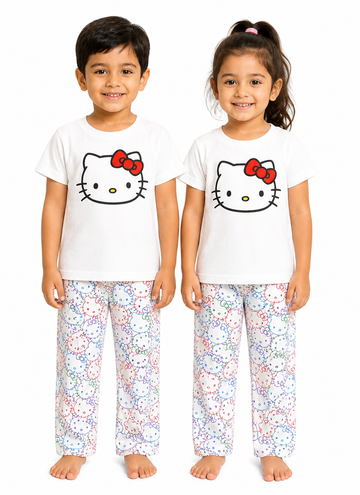 Kids Hello Kitty 2-Piece Loungewear Co-Ord Set - White Unisex T-Shirt and Patterned Pajamas