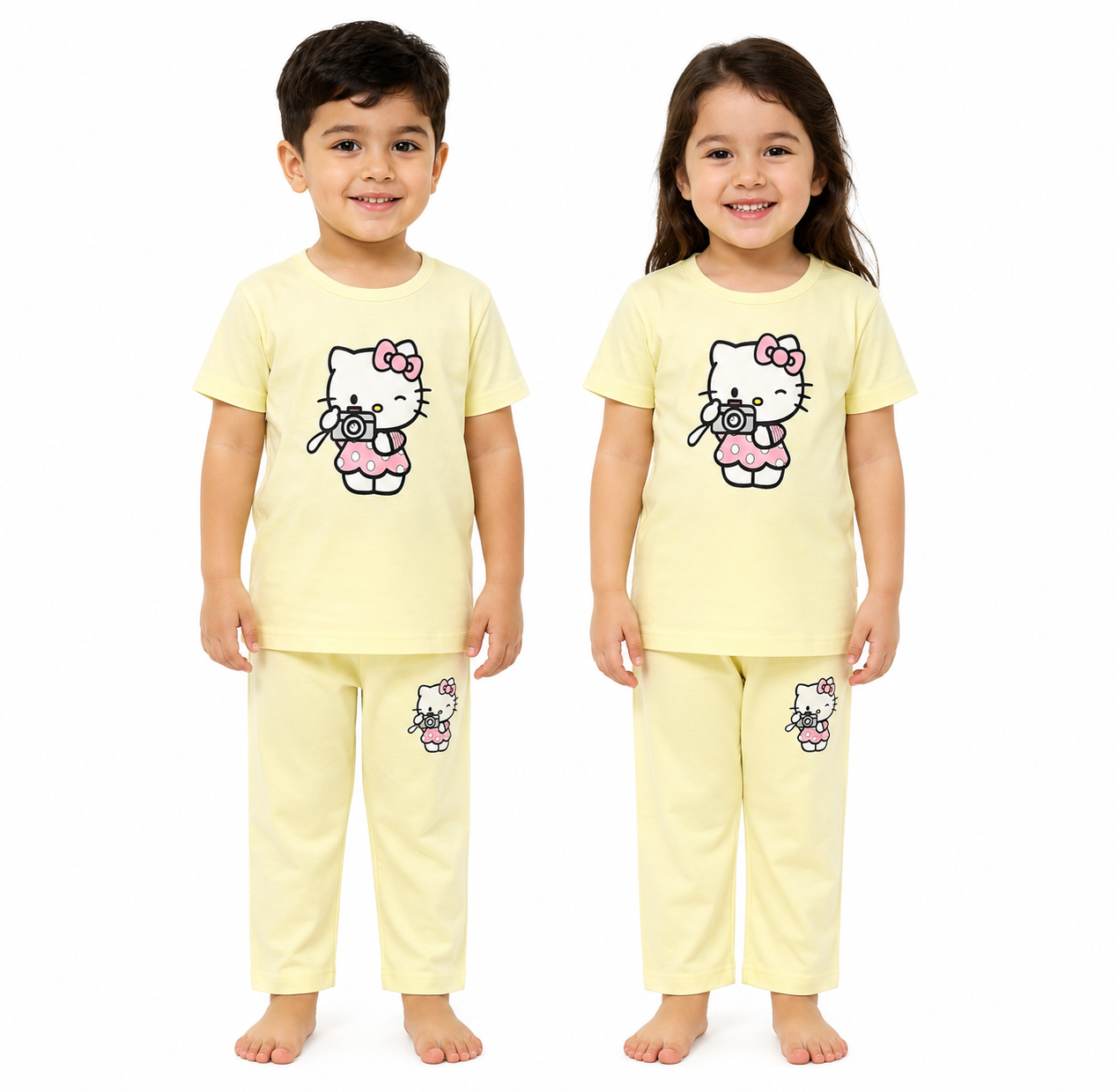 Kids Hello Kitty 2-Piece Loungewear Co-Ord Set - Soft Yellow Unisex T-Shirt and Pajamas