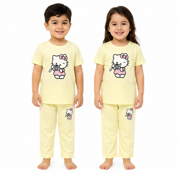 Kids Hello Kitty 2-Piece Loungewear Co-Ord Set - Soft Yellow Unisex T-Shirt and Pajamas