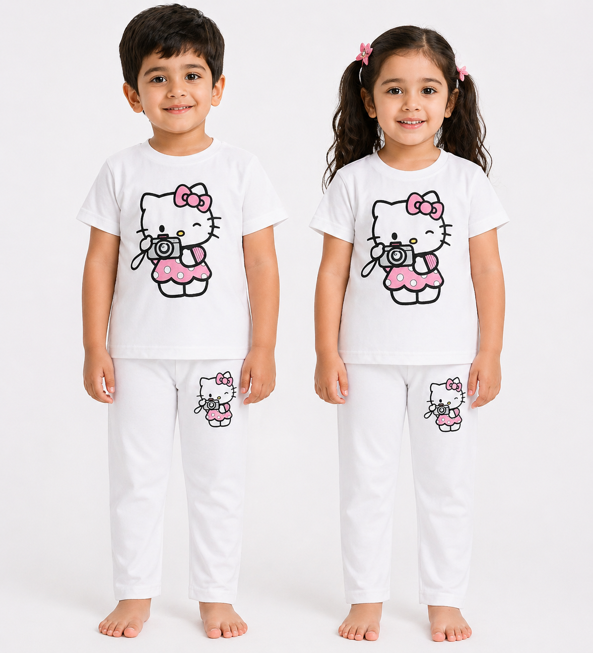 Kids White Hello Kitty Camera Print 2-Piece T-Shirt & Pajama Set