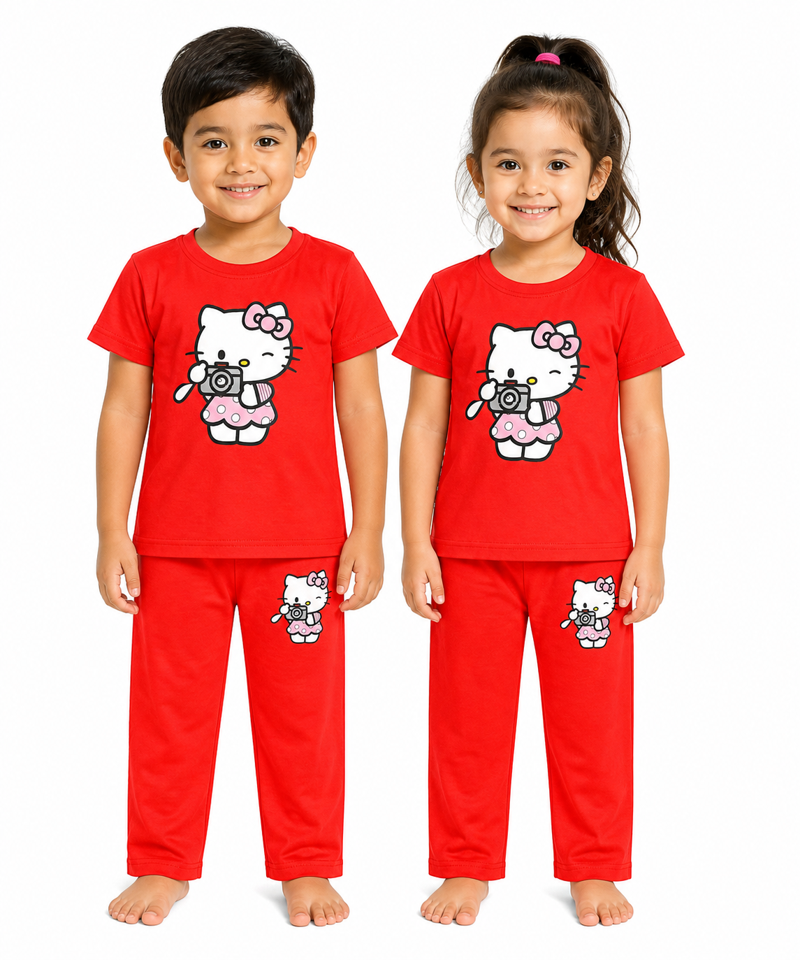Kids Hello Kitty 2-Piece Loungewear Co-Ord Set - Vibrant Red Unisex T-Shirt and Pajamas