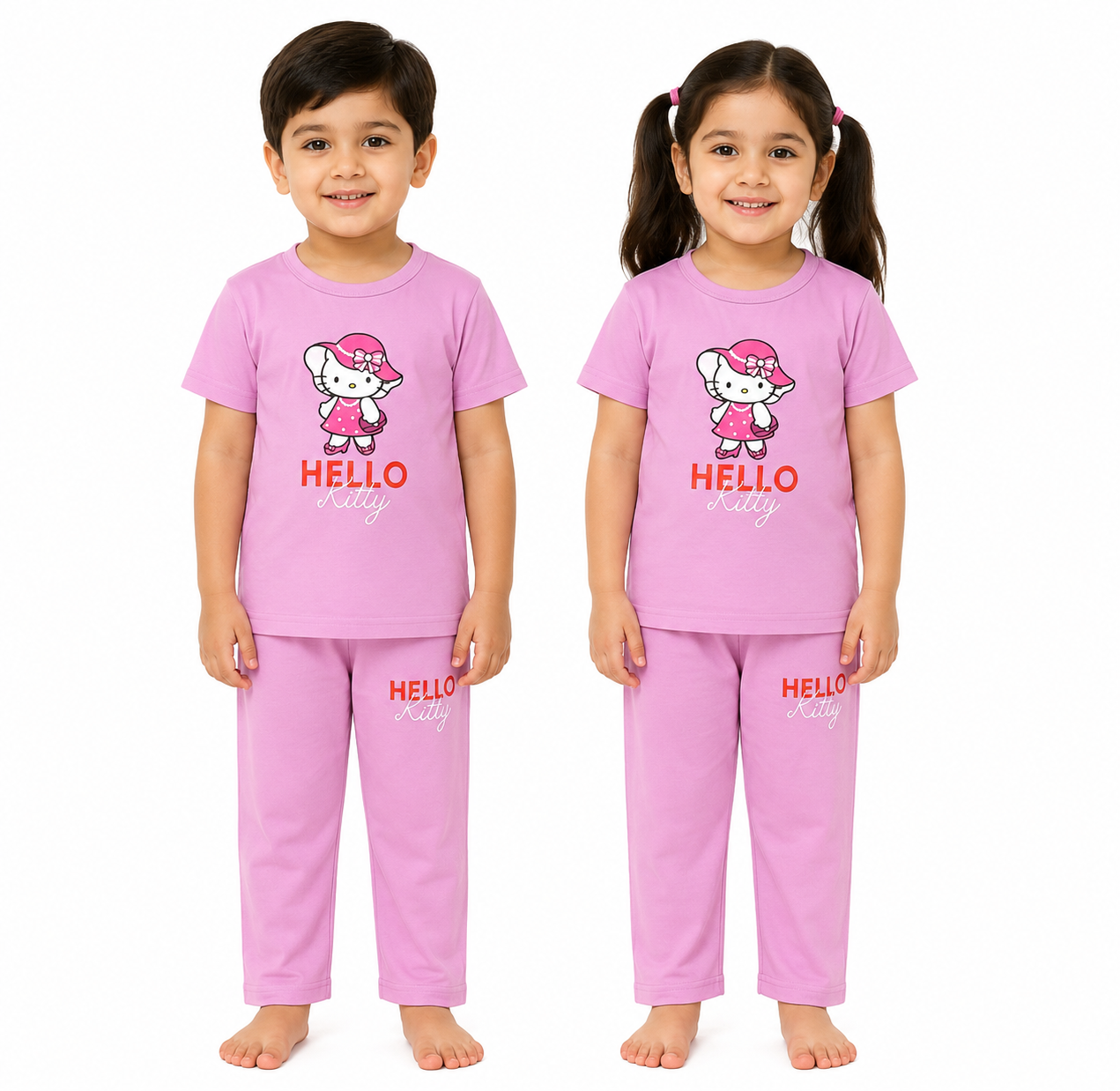 Kids Hello Kitty 2-Piece Loungewear Co-Ord Set - Premium Pink Unisex T-Shirt and Pajamas