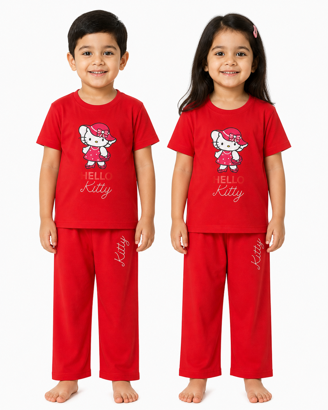 Kids Hello Kitty 2-Piece Loungewear Co-Ord Set - Vibrant Red Unisex T-Shirt and Pajamas
