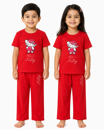 Kids Hello Kitty 2-Piece Loungewear Co-Ord Set - Vibrant Red Unisex T-Shirt and Pajamas