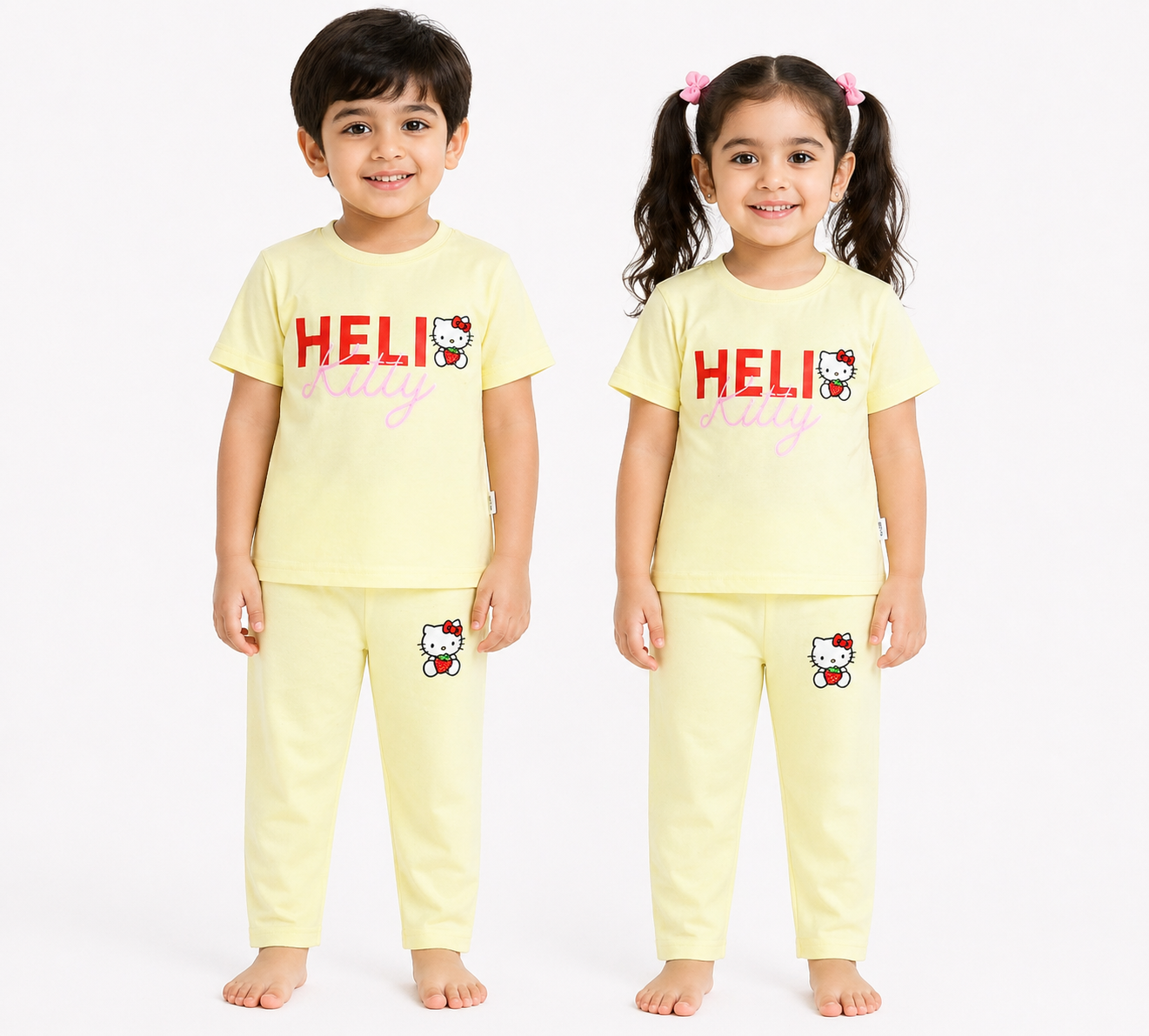 Kids Light Yellow Hello Kitty Graphic 2-Piece T-Shirt & Pajama Set