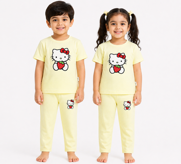 Kids Light Yellow Hello Kitty Strawberry 2-Piece T-Shirt & Pajama Set
