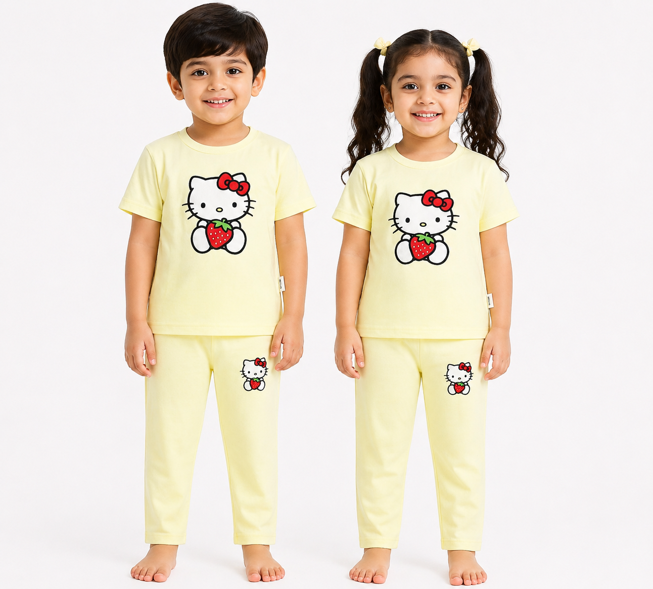 Kids Light Yellow Hello Kitty Strawberry 2-Piece T-Shirt & Pajama Set