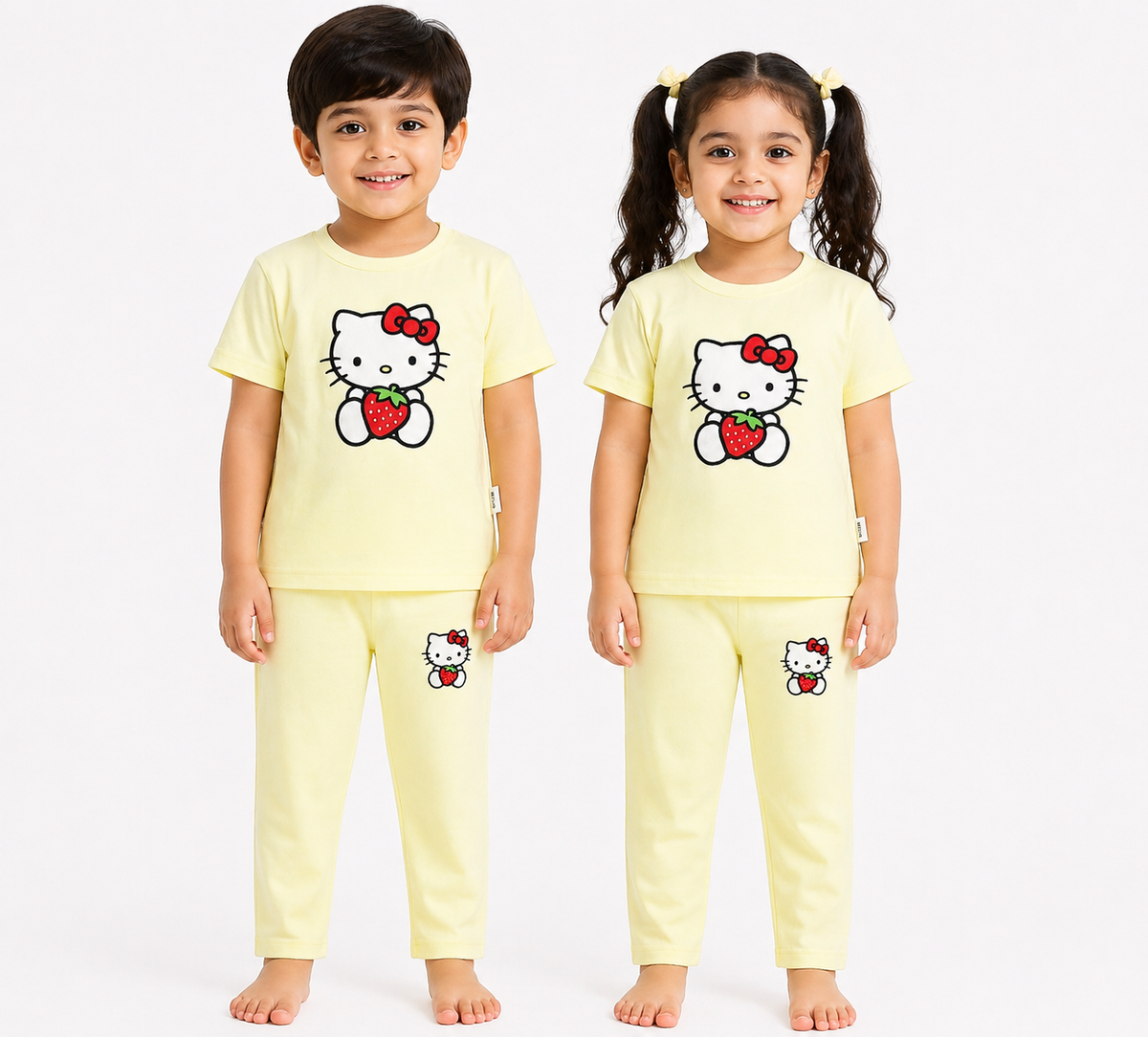 Kids Light Yellow Hello Kitty Strawberry 2-Piece T-Shirt & Pajama Set