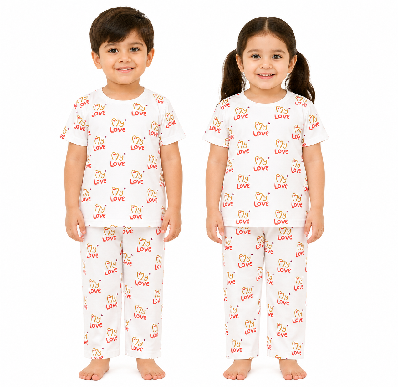 Kids Heart & Love Patterned 2-Piece Loungewear Co-Ord Set - Premium White Unisex T-Shirt and Pajamas