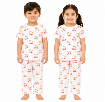Kids Heart & Love Patterned 2-Piece Loungewear Co-Ord Set - Premium White Unisex T-Shirt and Pajamas