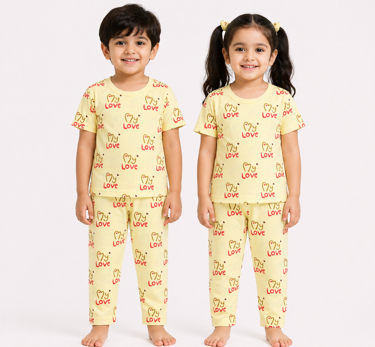 Kids Light Yellow Love Print 2-Piece T-Shirt & Pajama Set
