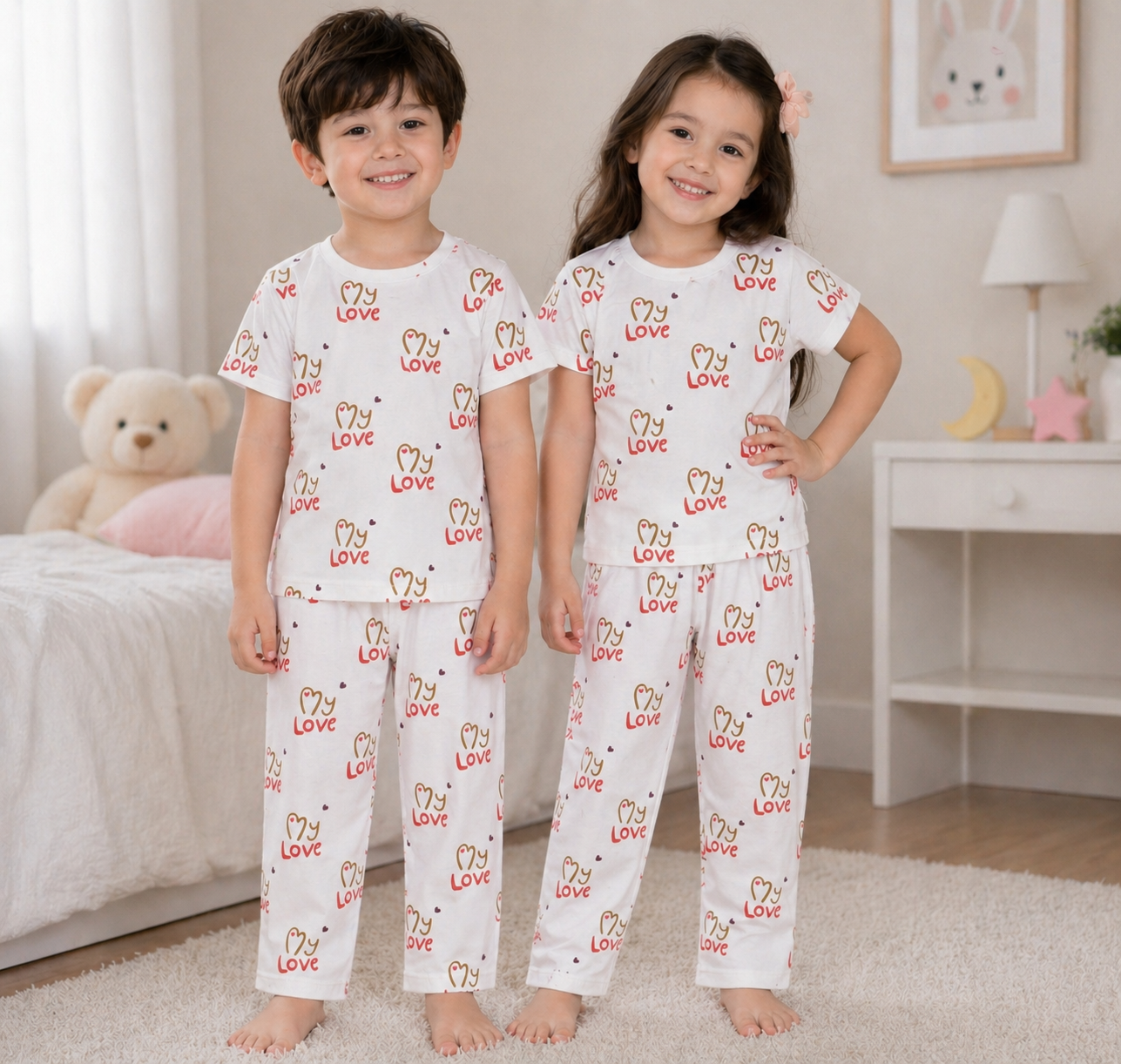 Kids White Love Print 2-Piece T-Shirt & Pajama Set