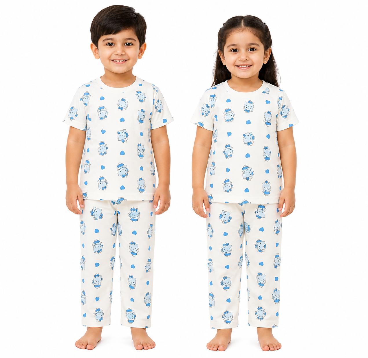 Kids Hello Kitty Patterned 2-Piece Loungewear Co-Ord Set - Off-White and Blue Unisex T-Shirt and Pajamas