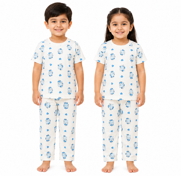 Kids Hello Kitty Patterned 2-Piece Loungewear Co-Ord Set - Off-White and Blue Unisex T-Shirt and Pajamas