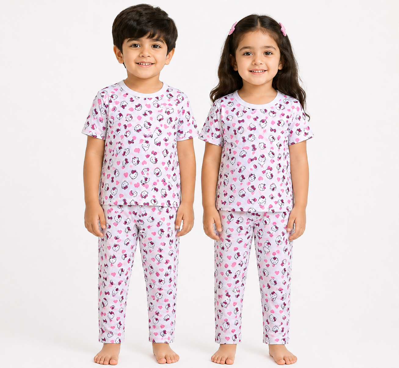 Kids Light Grey Hello Kitty All-Over Print 2-Piece T-Shirt & Pajama Set