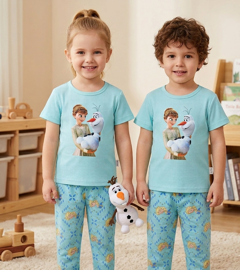 Kids Aqua Cartoon Print 2-Piece Suit – Soft Jersey T-Shirt & Pajama Set