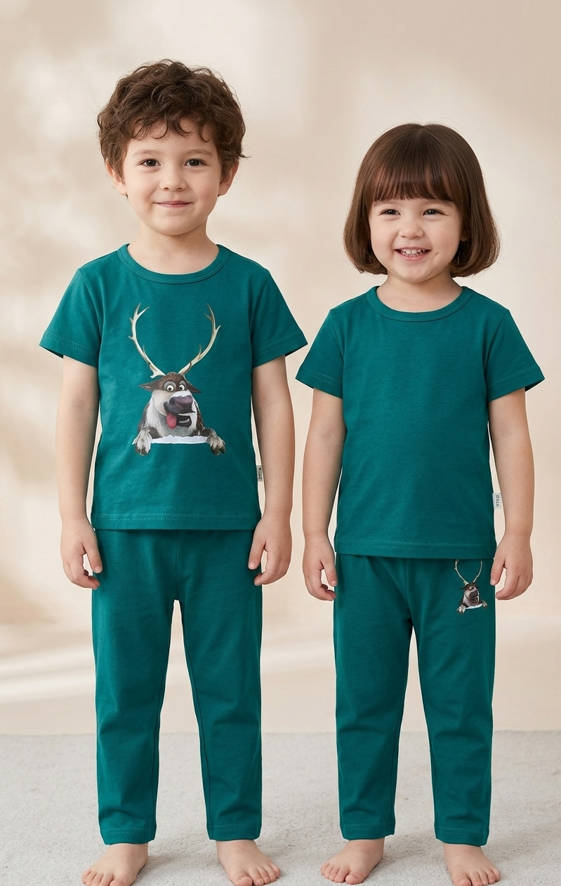 Kids Forest Green Cartoon Deer 2-Piece Suit – Soft Jersey T-Shirt & Pajama Set