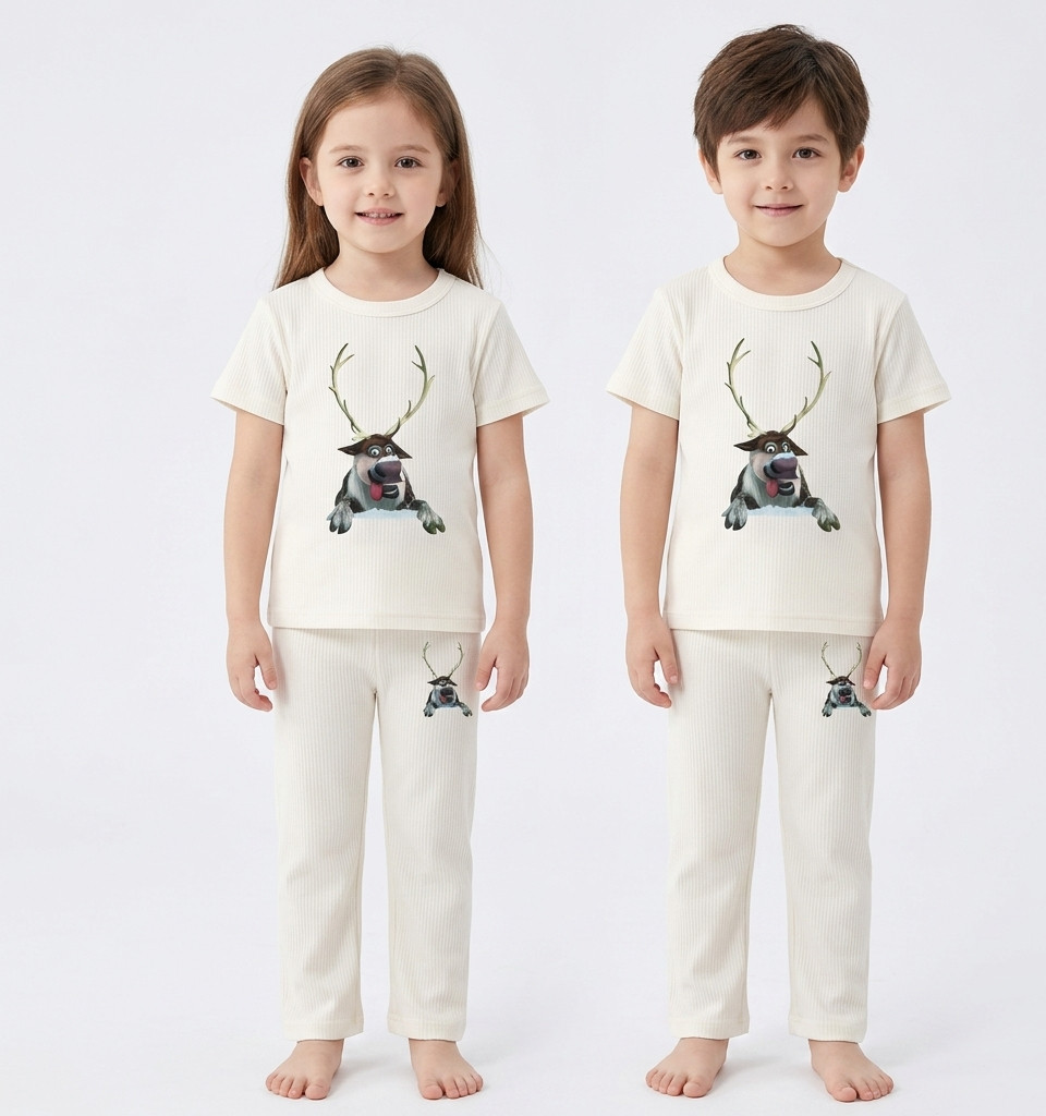 Kids Cream Deer Cartoon 2-Piece Suit – Soft Jersey T-Shirt & Pajama Set