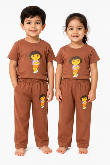 Kids Dora the Explorer 2-Piece Loungewear Co-Ord Set - Premium Brown Unisex T-Shirt and Pajamas
