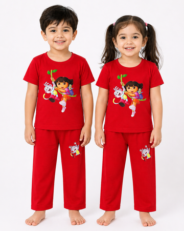 Kids Red Adventure Cartoon 2-Piece Suit – Soft Jersey T-Shirt & Pajama Set