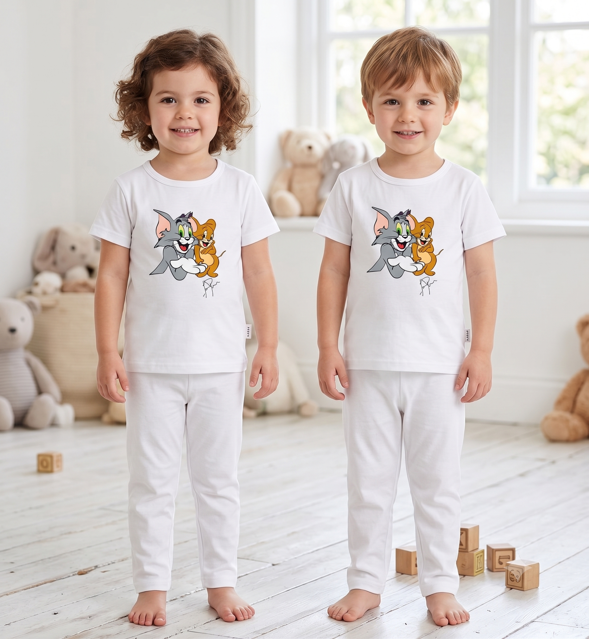 2-Piece Loungewear Co-Ord Set: Premium Cotton White Unisex T-Shirt and Pajamas with Lion Graphic