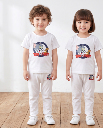 2-Piece Loungewear Co-Ord Set: Premium Cotton White Unisex T-Shirt and Pajamas with Tom & Jerry Graphic