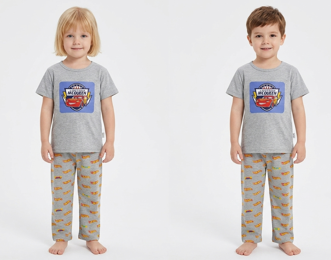 Kids Disney Cars Lightning McQueen 2-Piece Loungewear Co-Ord Set - Heather Gray Unisex T-Shirt and Patterned Pajamas