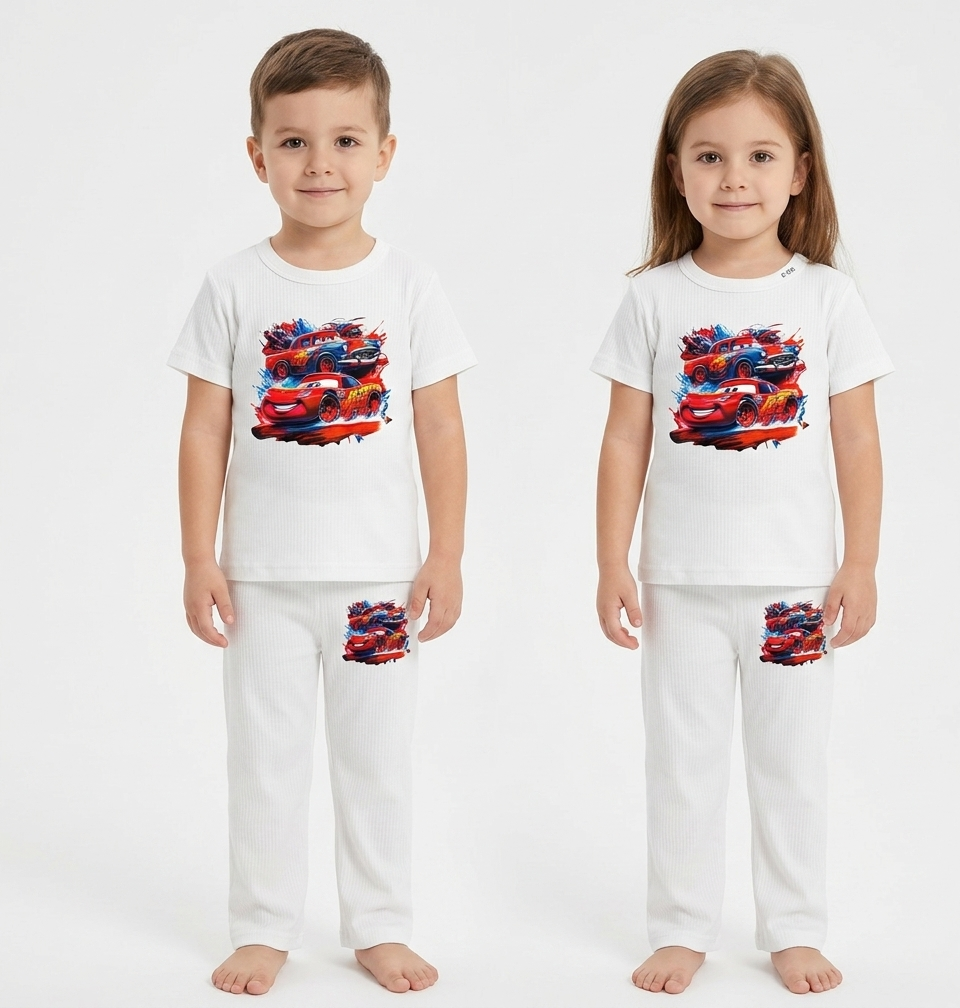 Kids White Racing Cars 2-Piece T-Shirt & Pajama Set