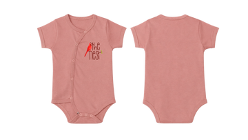 Wrap Bodysuit: Premium Cotton Dusty Rose Asymmetrical Snap Romper with "The Nest" Graphic
