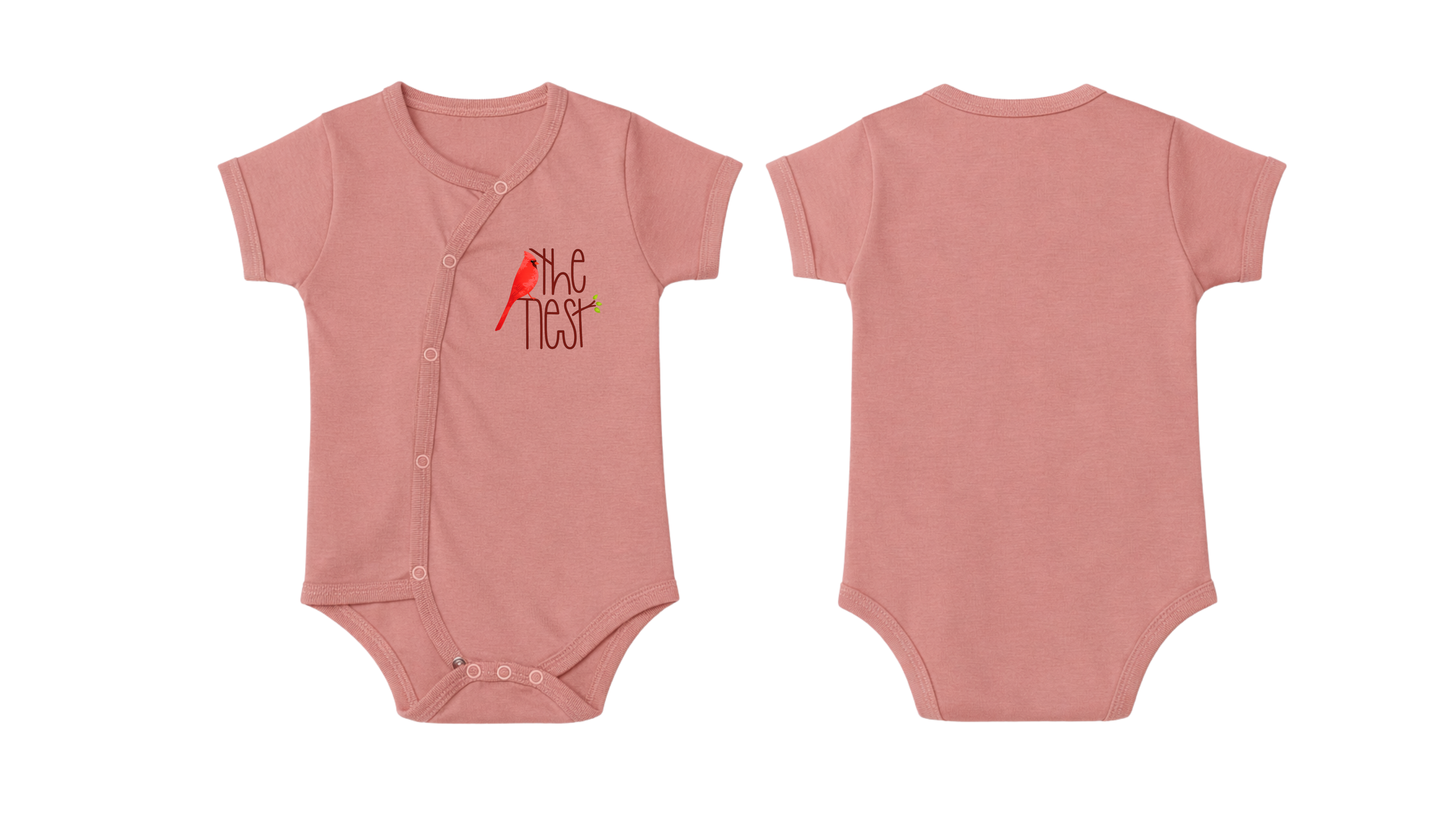 Wrap Bodysuit: Premium Cotton Dusty Rose Asymmetrical Snap Romper with "The Nest" Graphic