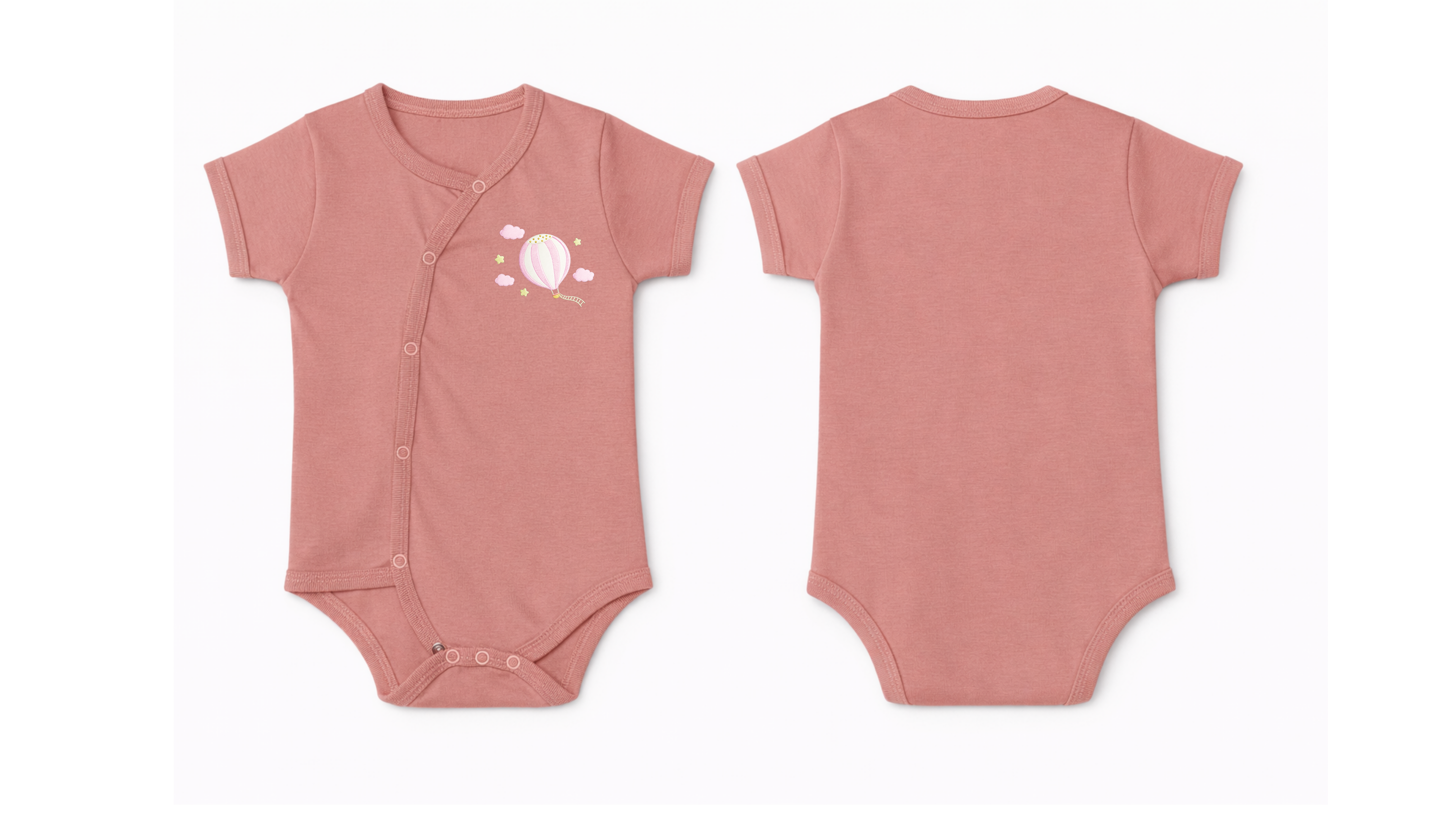 Wrap Bodysuit: Premium Cotton Dusty Rose Asymmetrical Snap Romper with Hot Balloon Graphic