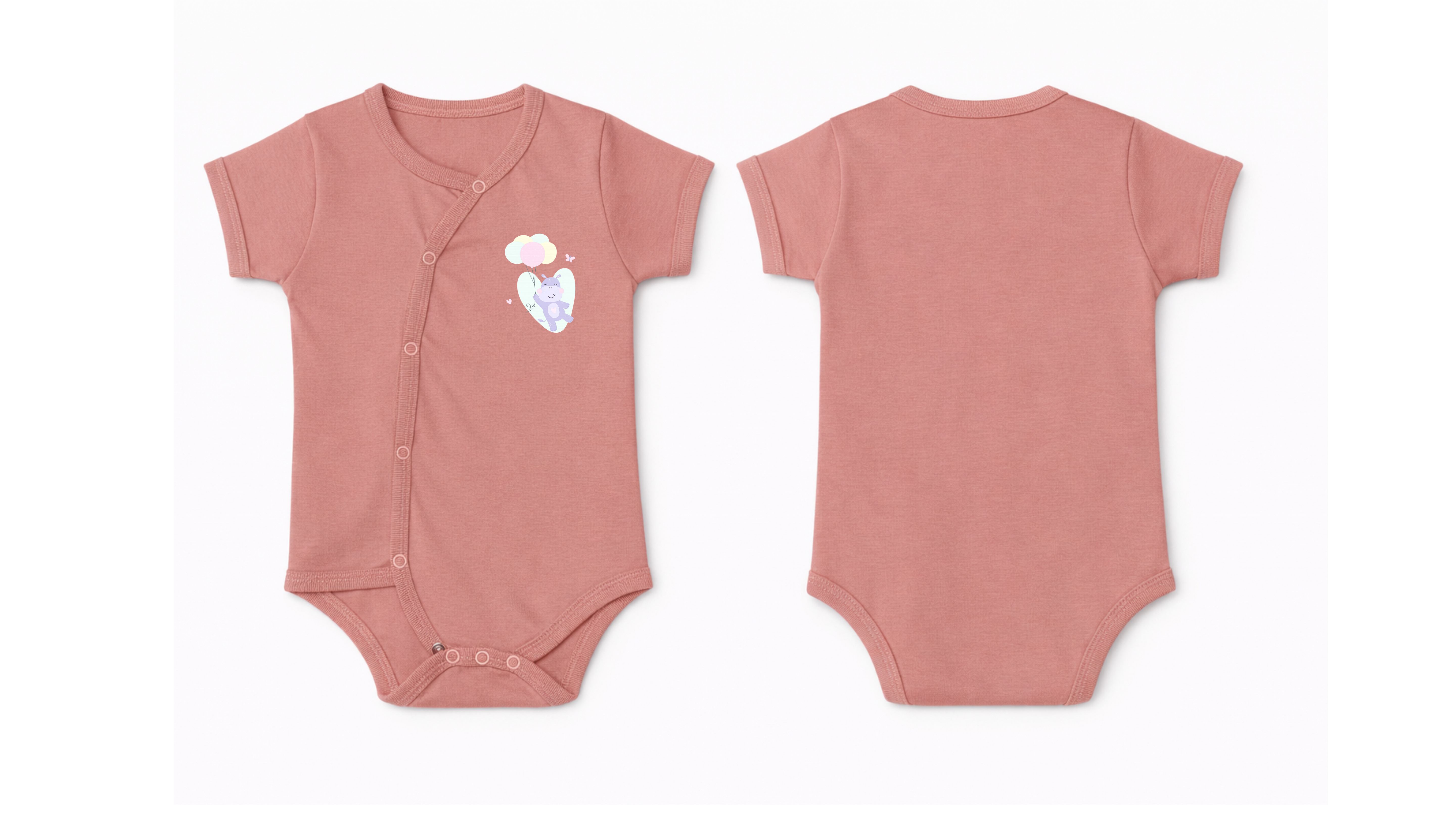 Wrap Bodysuit: Premium Cotton Dusty Rose Asymmetrical Snap Romper with Hippo Balloon Graphic