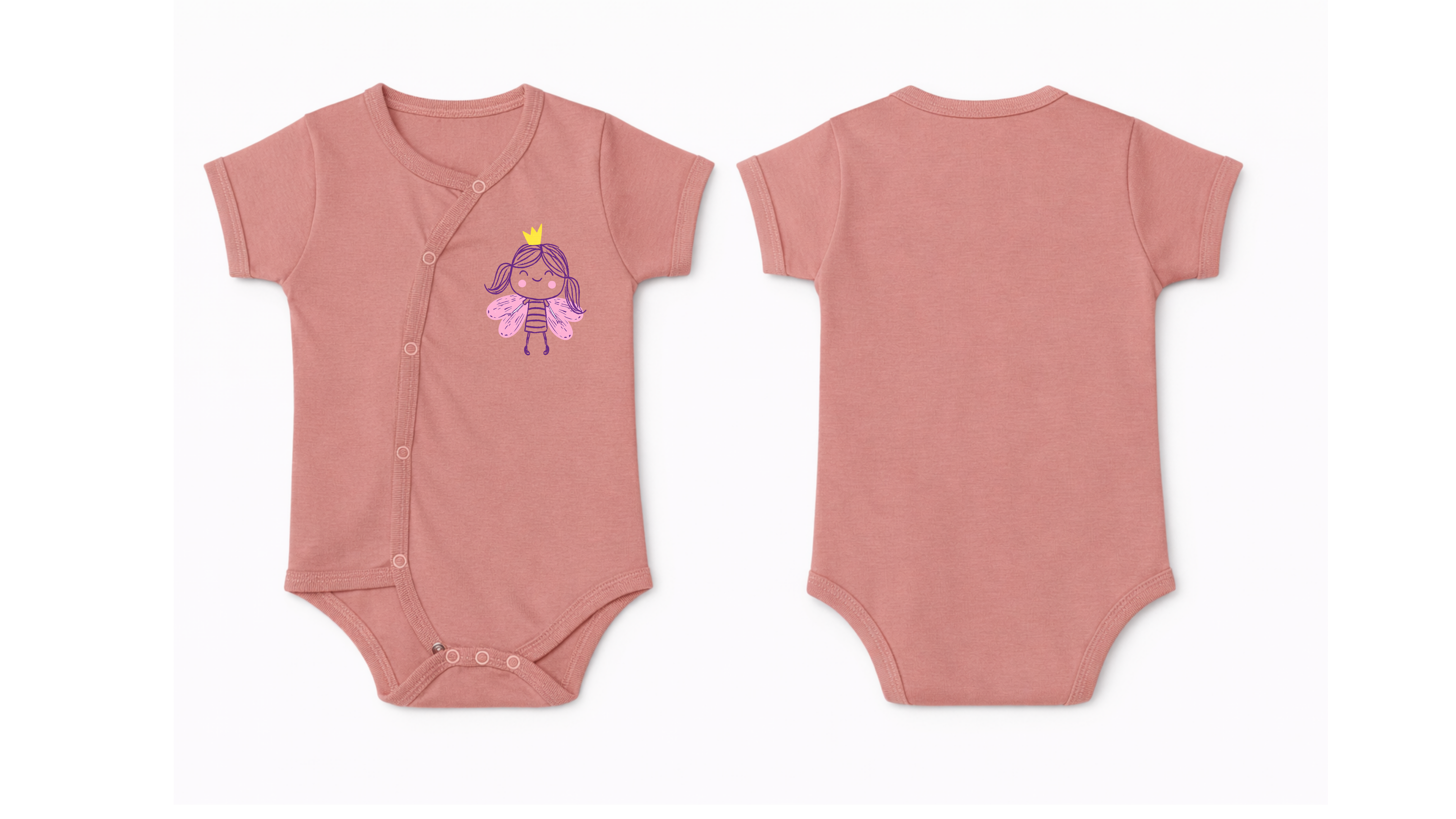 Wrap Bodysuit: Premium Cotton Dusty Rose Asymmetrical Snap Romper with Little Fairy Graphic