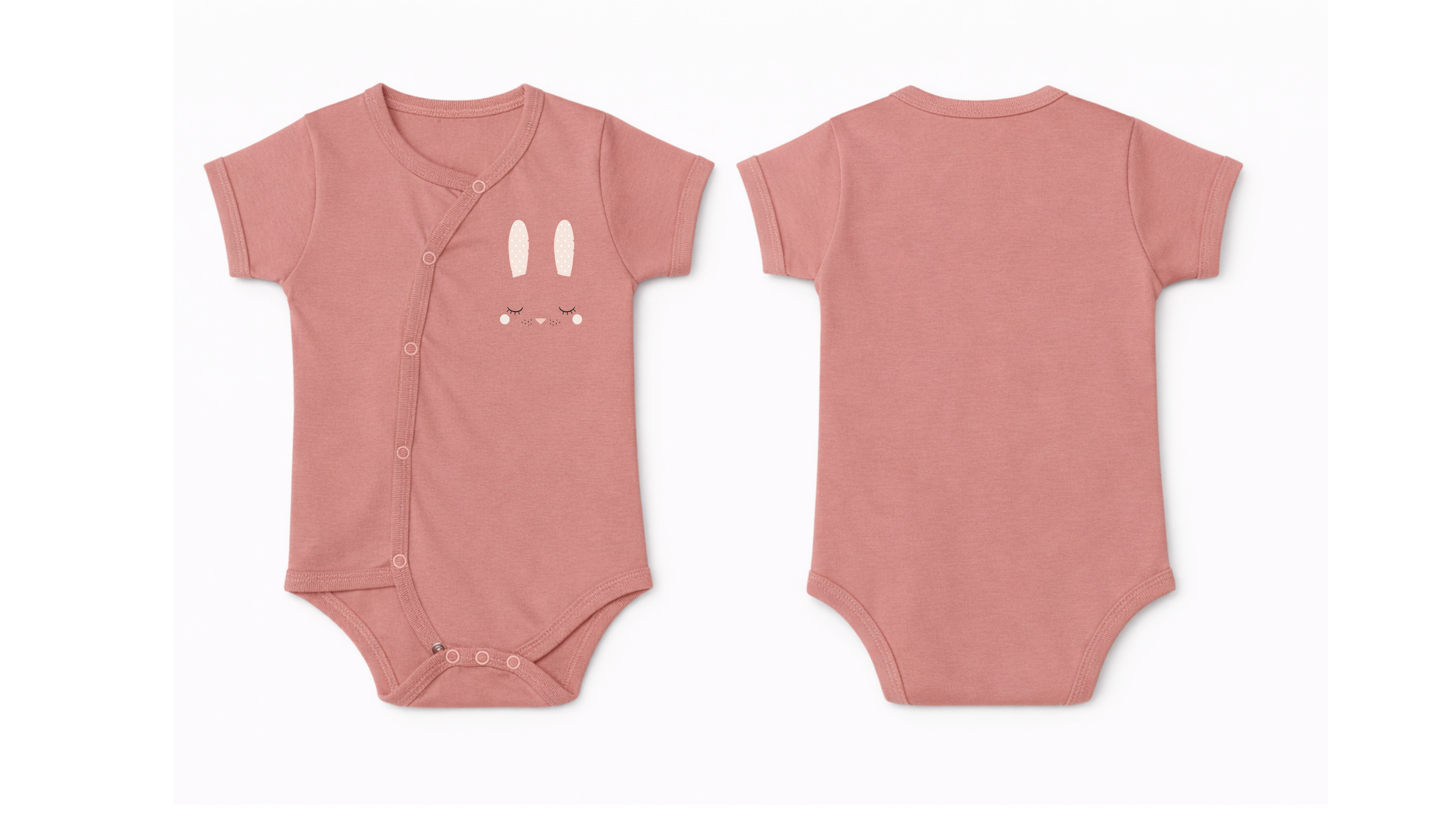 Wrap Bodysuit: Premium Cotton Dusty Rose Asymmetrical Snap Romper with Bunny Ears Graphic