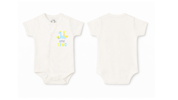 Wrap Bodysuit: Premium Cotton Off-White Asymmetrical Snap Romper with "Little Dino" Graphic