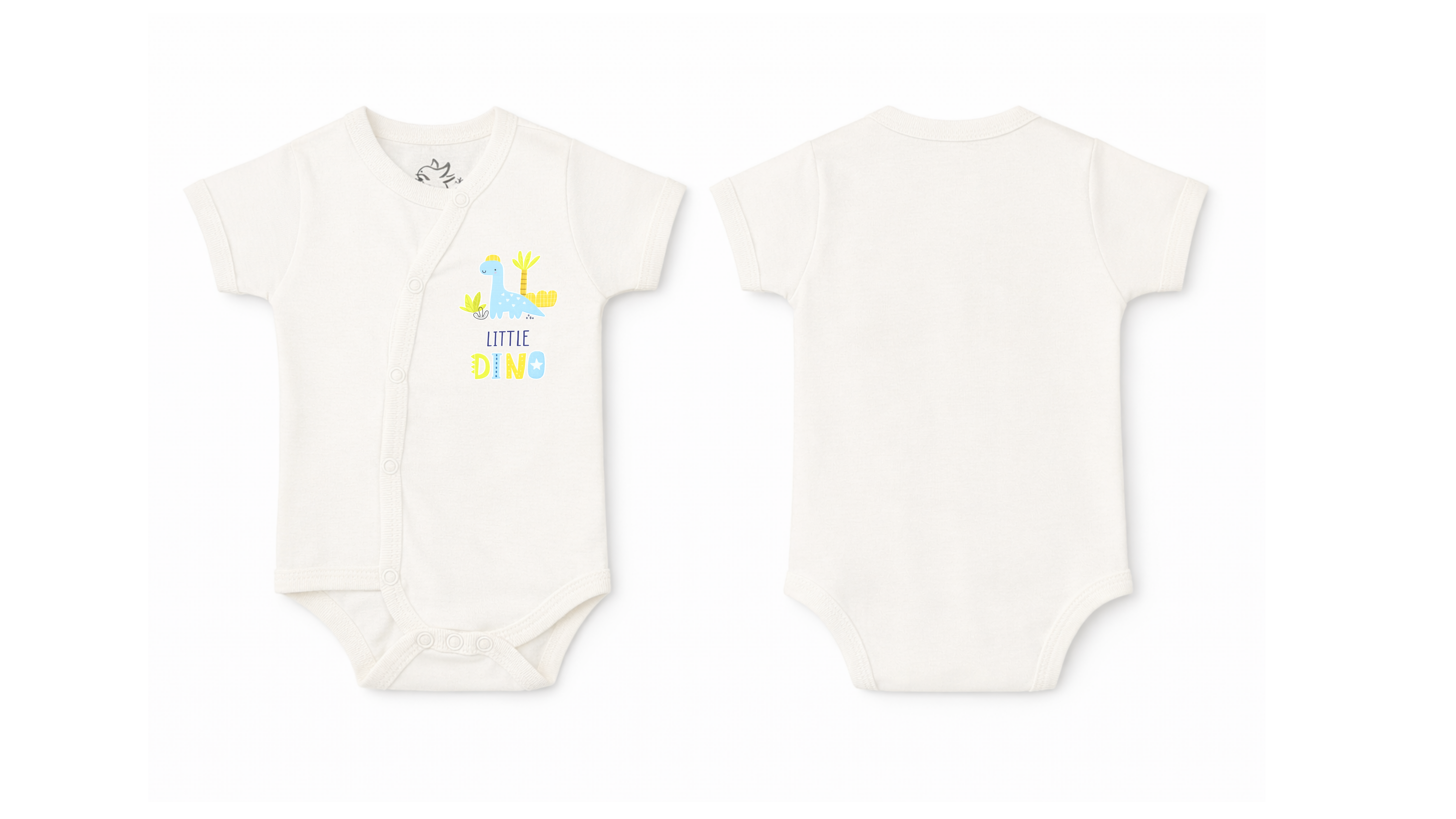 Wrap Bodysuit: Premium Cotton Off-White Asymmetrical Snap Romper with "Little Dino" Graphic