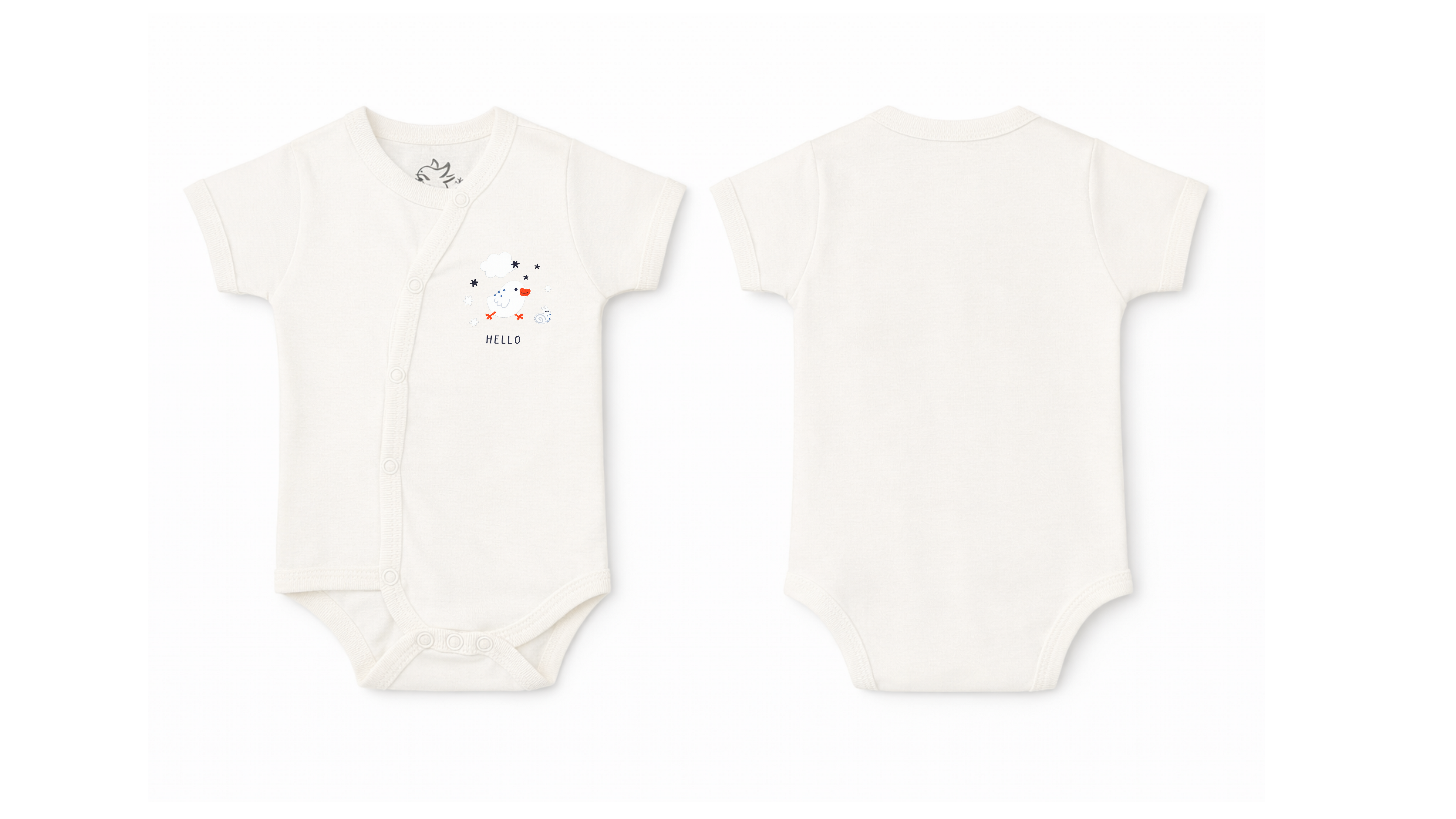 Wrap Bodysuit: Premium Cotton Off-White Asymmetrical Snap Romper with "Hello Chick" Graphic