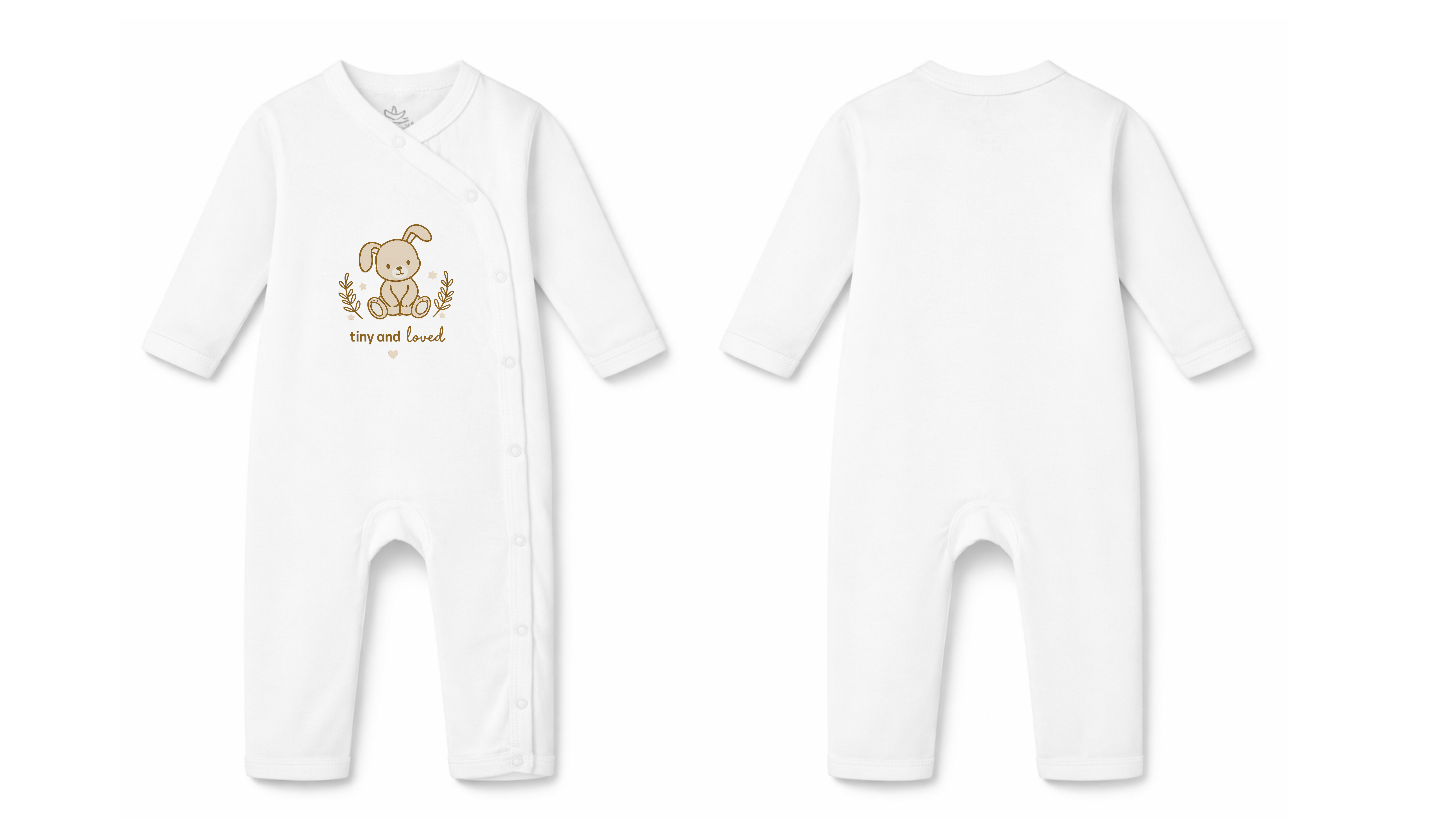 Sleepsuit: Premium Cotton White Asymmetrical Snap Jumpsuit with "Tiny and Loved" Graphic