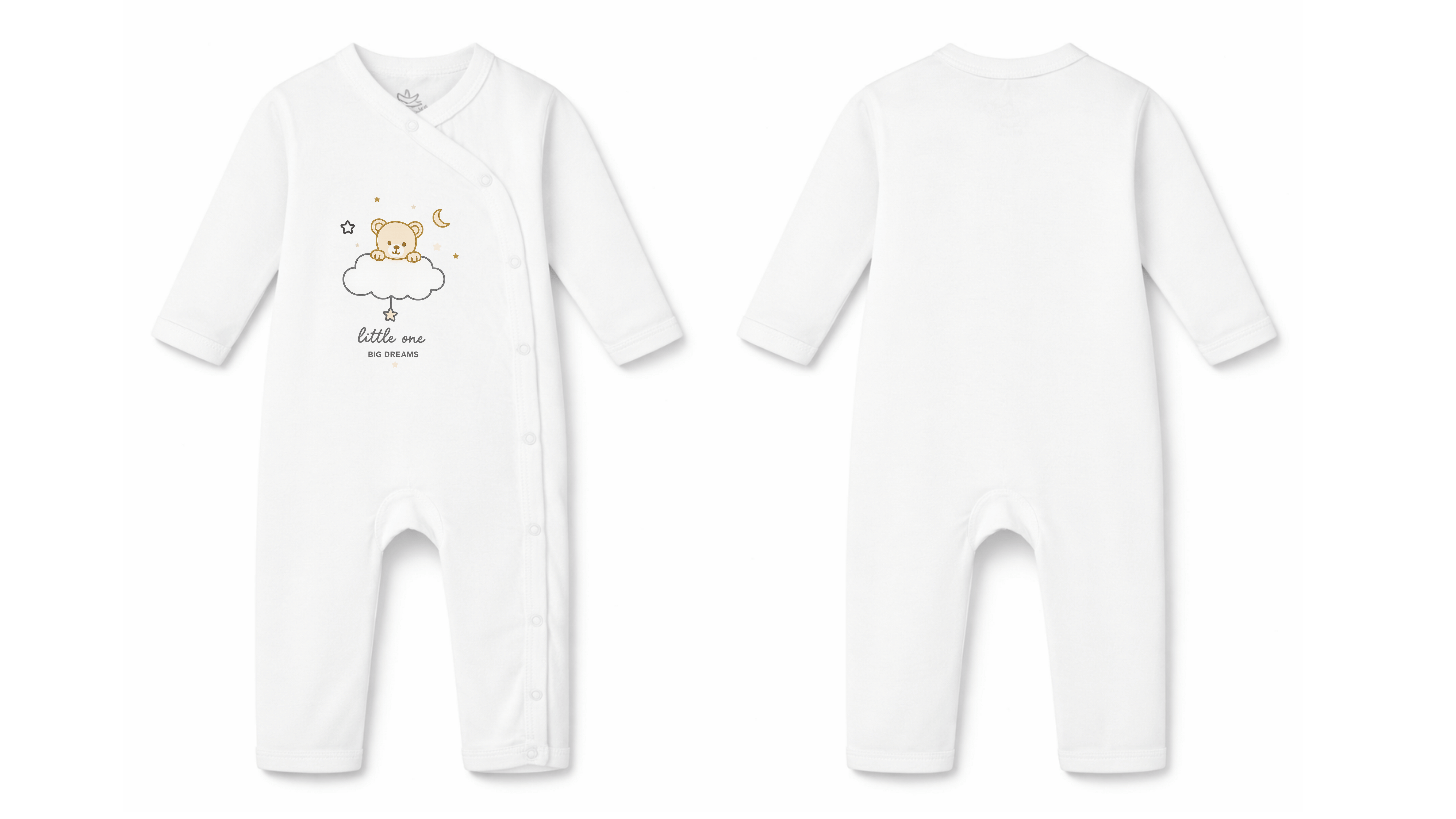 Sleepsuit: Premium Cotton White Asymmetrical Snap Jumpsuit with "Little One Big Dreams" Graphic