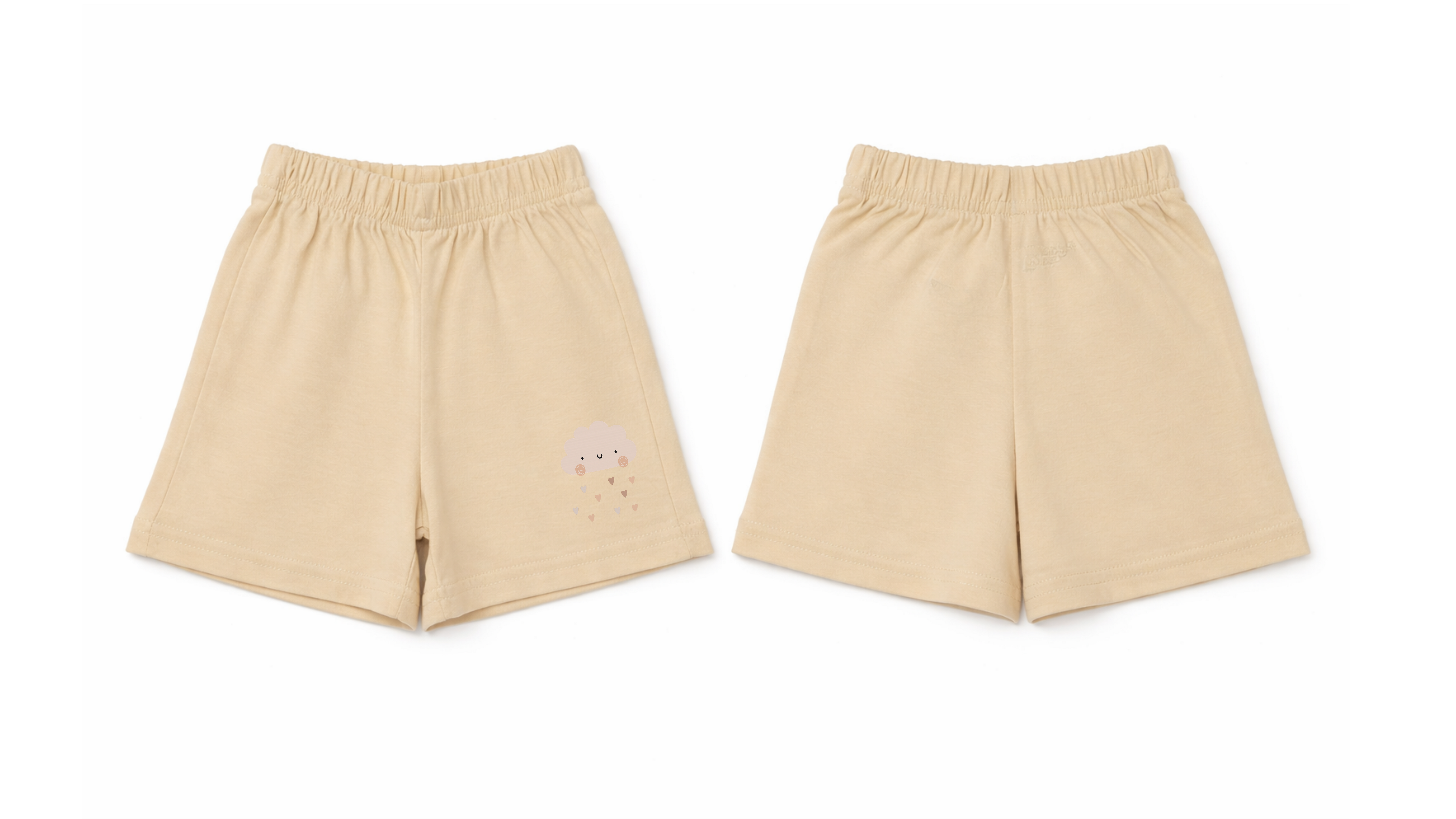 Shorts: Premium Cotton Beige "Cloud Hearts" Graphic Loungewear and Playwear