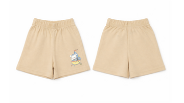 Shorts: Premium Cotton Beige "Panda Boat" Graphic Loungewear and Playwear
