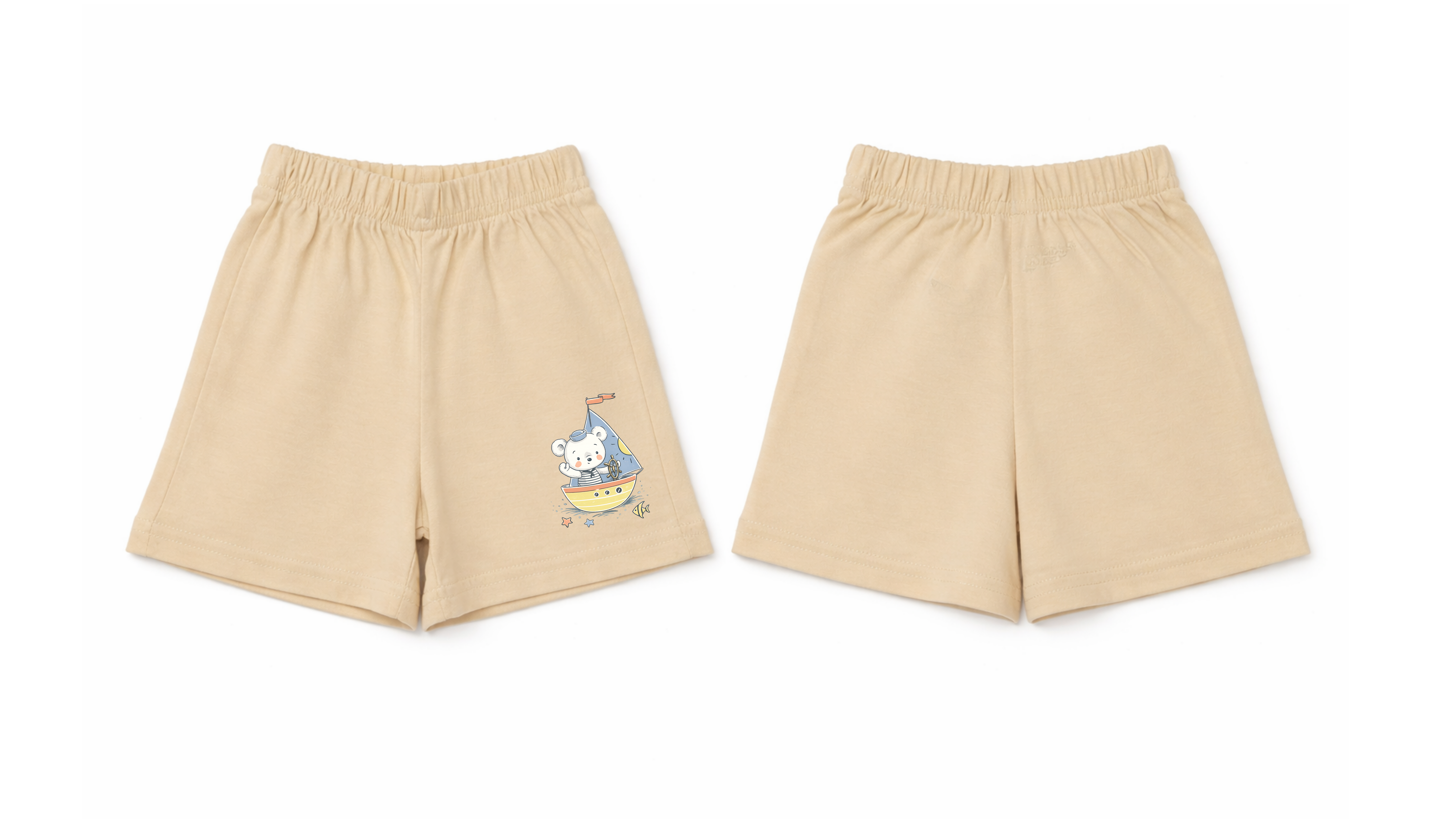 Shorts: Premium Cotton Beige "Panda Boat" Graphic Loungewear and Playwear
