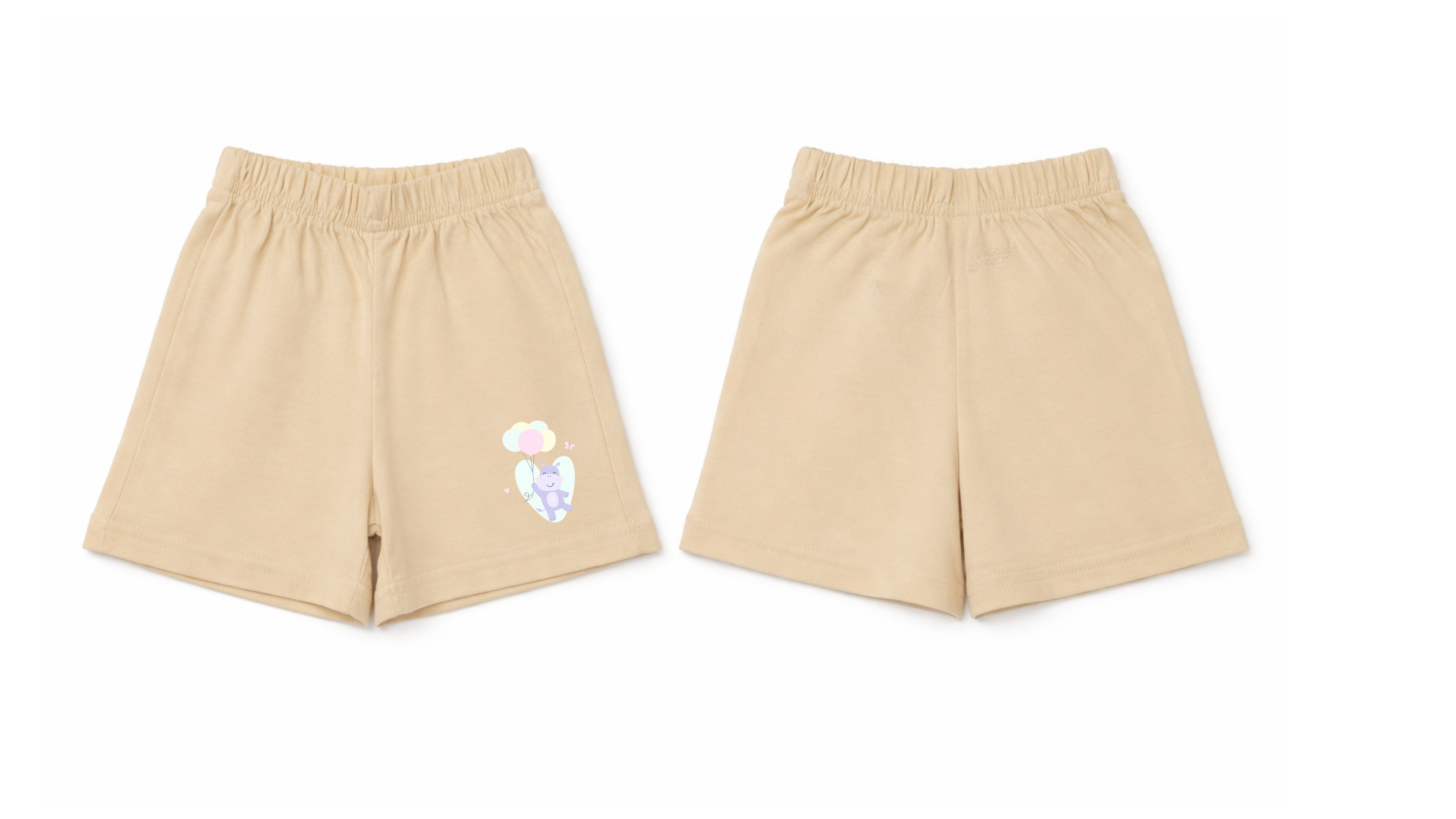 Shorts: Premium Cotton Beige "Hippo Balloon" Graphic Casual Essentials and Active Playwear