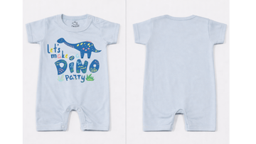 Full Length BodySuit (Romper): Premium Cotton Blue "Dino Party" Graphic Casual Essentials and Active Playwear