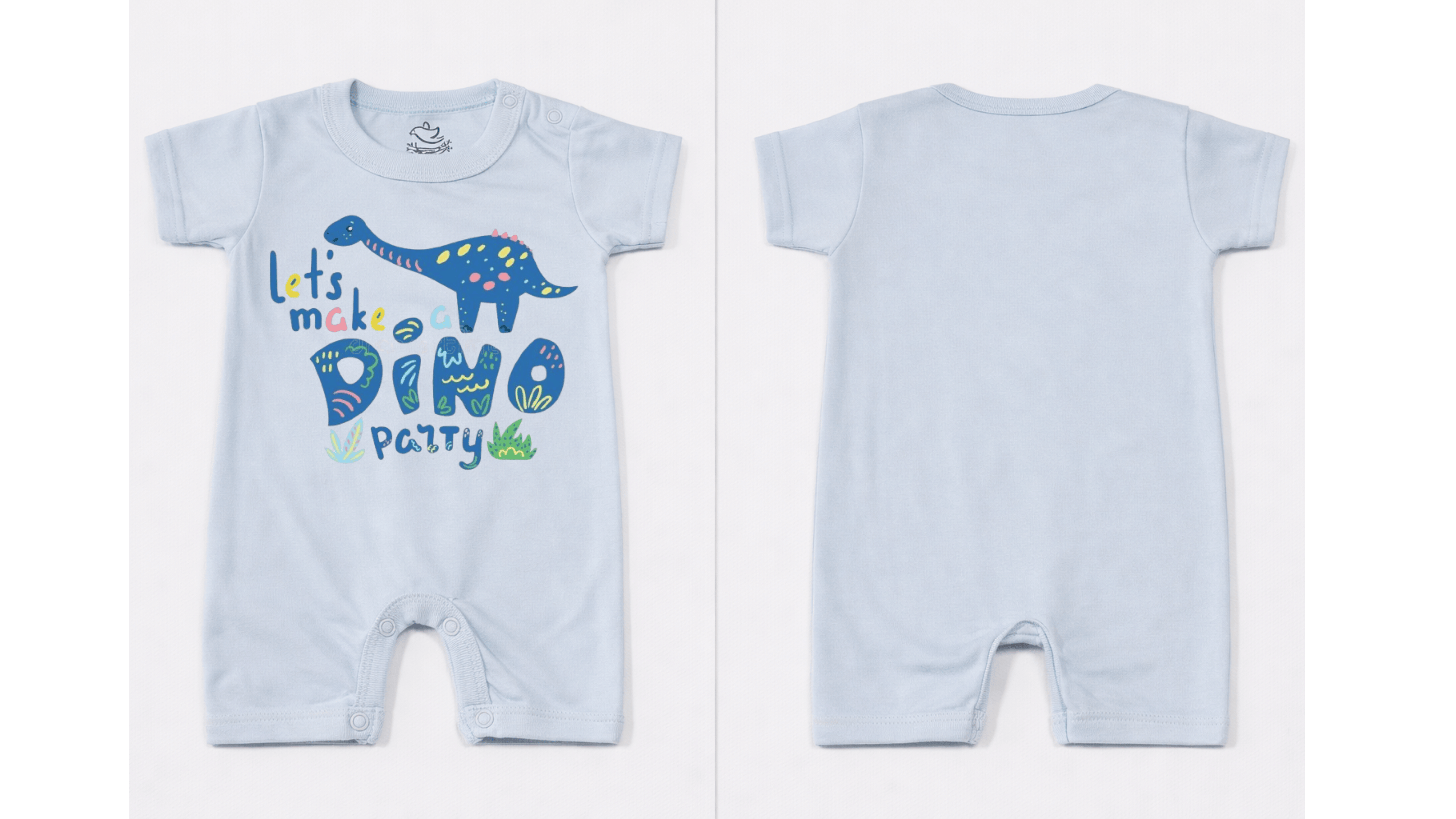 Full Length BodySuit (Romper): Premium Cotton Blue "Dino Party" Graphic Casual Essentials and Active Playwear